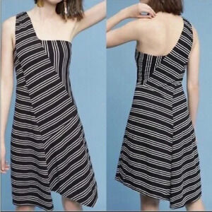 Anthropologie Maeve Black & White Stripe Moka One-Shoulder Dress Size XS